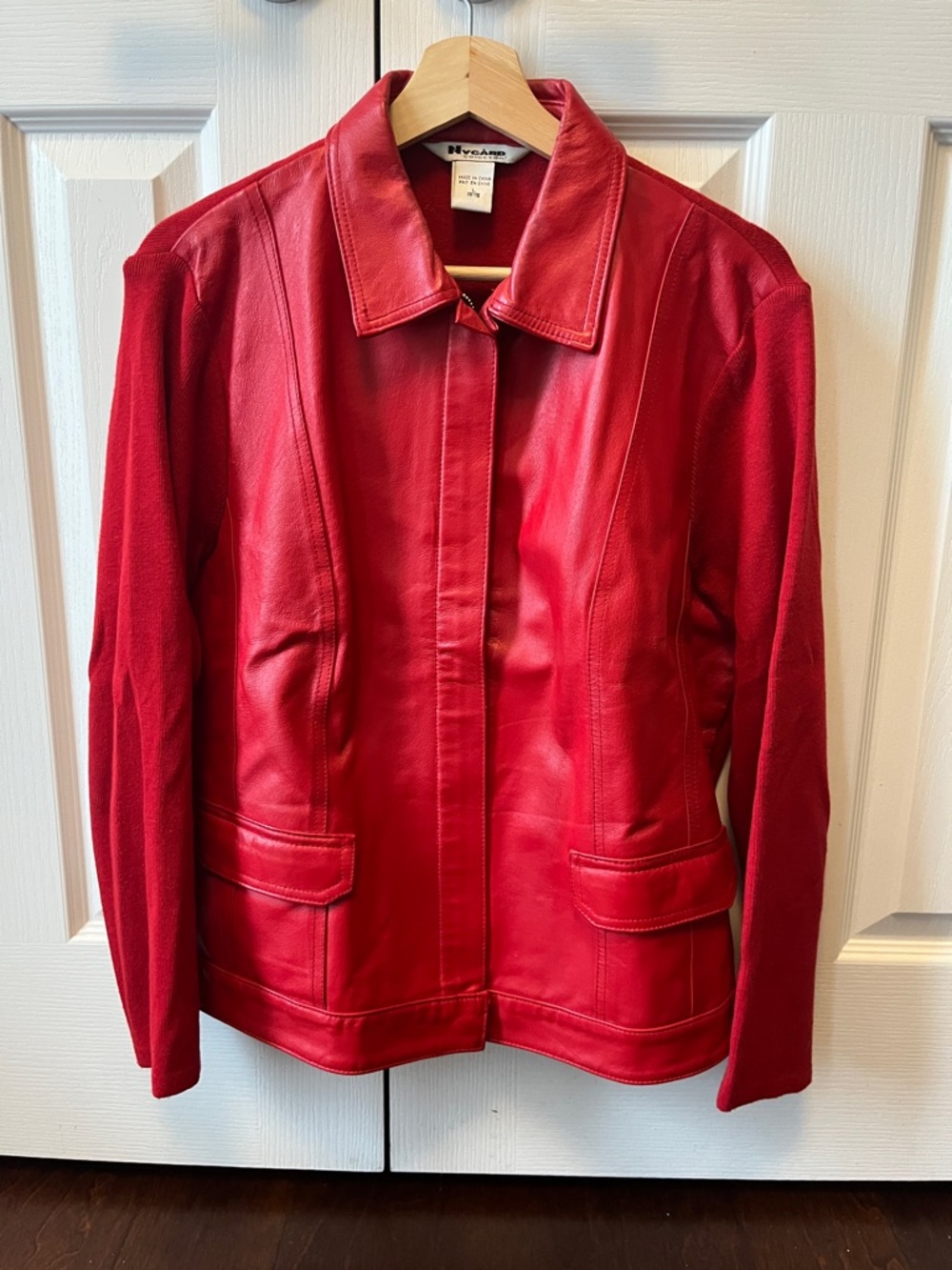 Faux Red Leather Jacket with Panel Stitching
